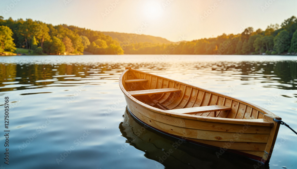 Obraz premium Wooden boat floating on calm lake at sunset