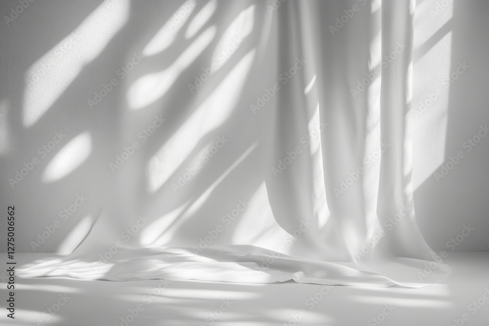 White fabric drapes, sunlight shadows, minimalist studio backdrop White fabric drapes, sunlight shadows, minimalist studio backdrop