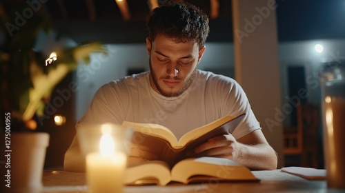 Young man reading a book by candlelight in a cozy indoor setting