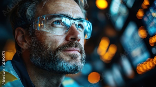 A Focused Gaze: Industrial Worker in Safety Glasses, Contemplating Technological Advancements