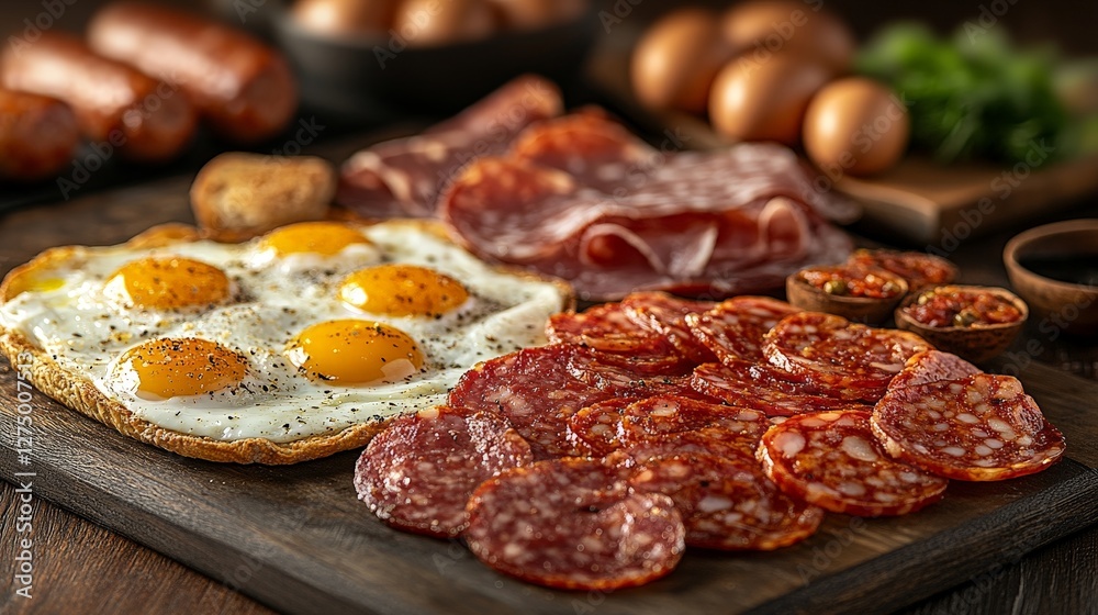 A delicious breakfast spread featuring eggs, various meats, and condiments. A delicious breakfast spread featuring eggs, various meats, and condiments.