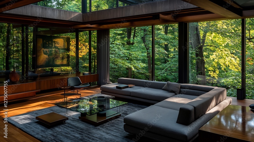 Modern Living Room Interior With Grey Sofa And Large Windows With Sunlight Modern Living Room Interior With Grey Sofa And Large Windows With Sunlight