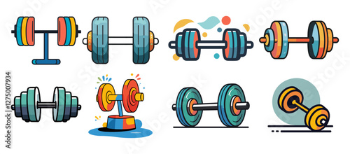 Icons sets collection of colorful illustrations of different types of dumbbells and barbells, each with unique designs and vibrant colors, highlighting various styles of weightlifting equipment.