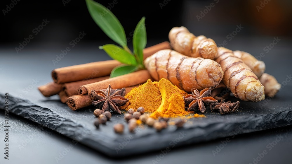 An arrangement of spices including turmeric, cinnamon, and star anise on a dark slate background, enhancing culinary art. An arrangement of spices including turmeric, cinnamon, and star anise on a dark slate background, enhancing culinary art.