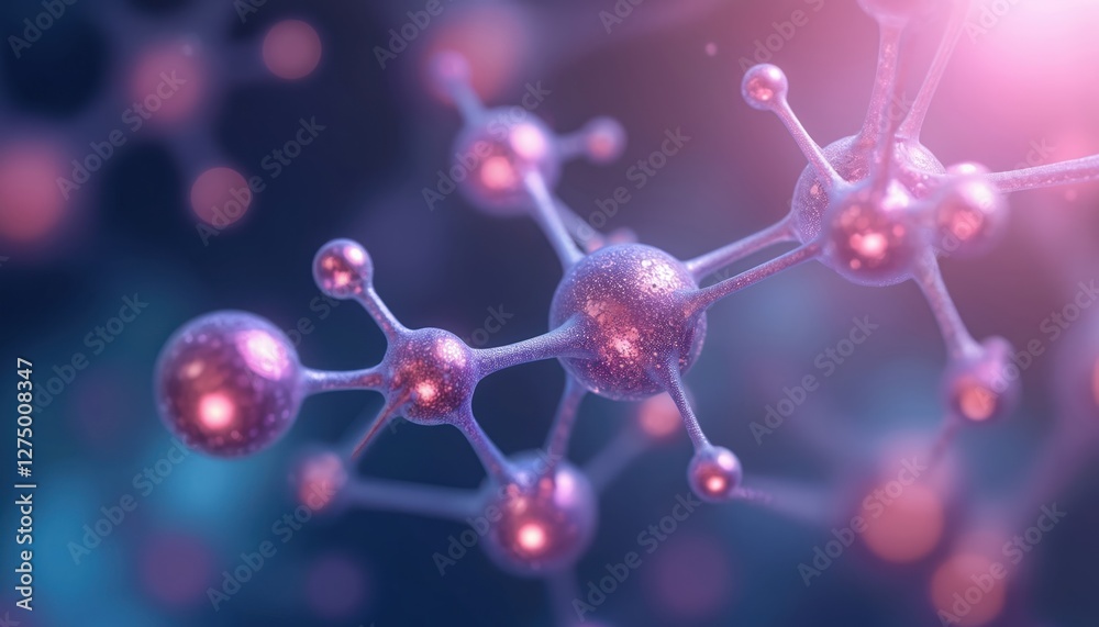 Scientific banner shows molecular structure with connected spheres on purple, blue background. Illustration science chemistry lab research development, genetic engineering, innovations in medical bio Scientific banner shows molecular structure with connected spheres on purple, blue background. Illustration science chemistry lab research development, genetic engineering, innovations in medical bio