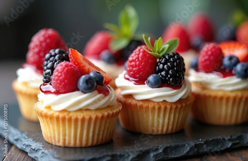 Closeup of gourmet cupcakes with berries. Sweet finger food desserts artfully presented for cocktail party, event catering. Fresh raspberry, strawberry, blueberry, blackberry, cream, waffle for