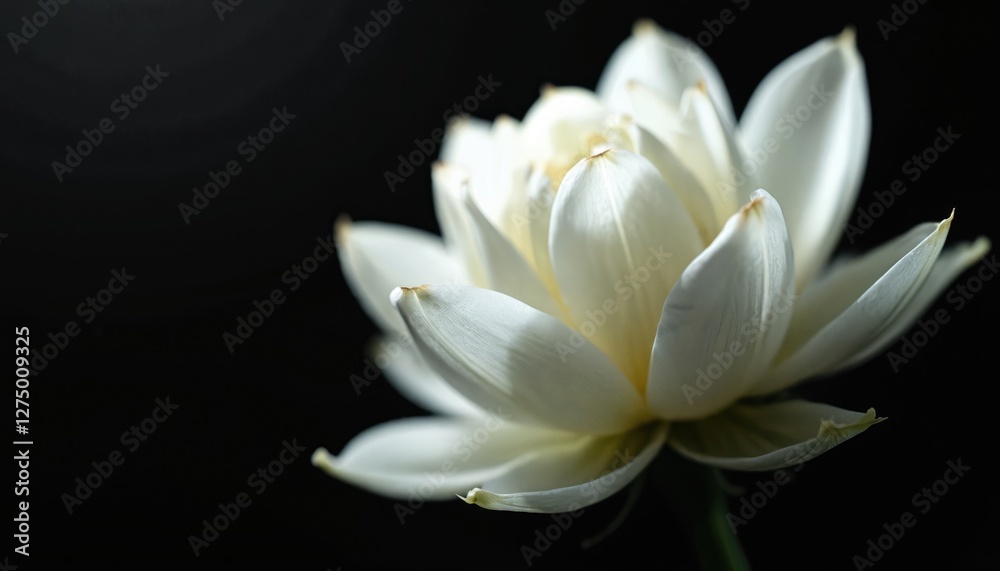 Fototapeta premium Close-up of delicate white lotus flower. Dramatic lighting highlights graceful form, subtle texture petals against black backdrop, elegance, serenity, purity and simplicity. Nature macro photo.