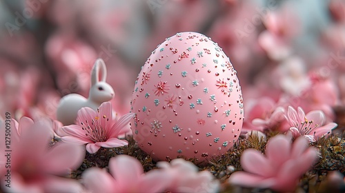 Easter egg in pink flowers, bunny