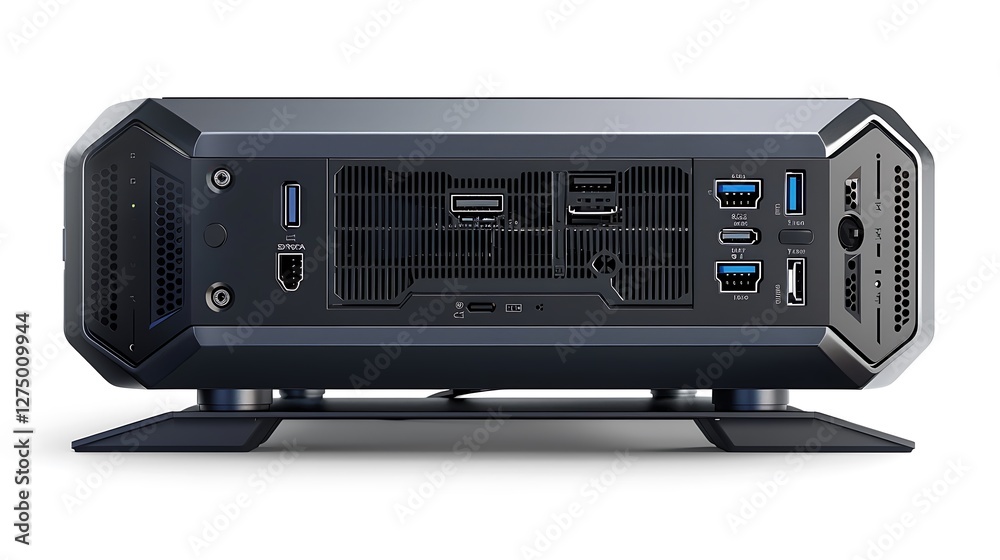 Obraz premium A professional-grade computer back panel showing ports for dual displays, USB-C, and other advanced connections for high-performance setups.