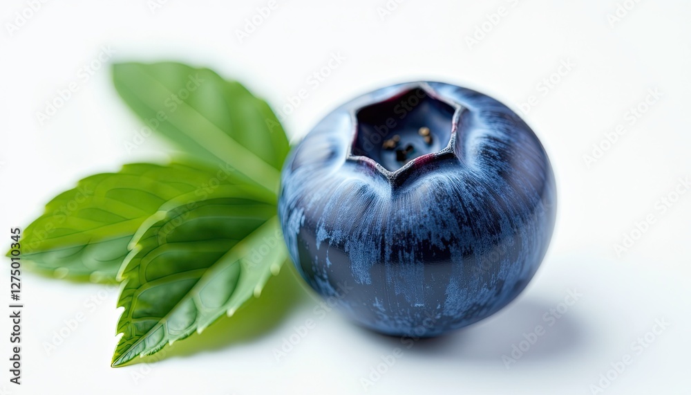 CloseUp Blueberry with Vibrant Green Leaves on White Background Fresh and Lush Display. A ripe blueberry with a green leaf on a white background. CloseUp Blueberry with Vibrant Green Leaves on White Background Fresh and Lush Display. A ripe blueberry with a green leaf on a white background.
