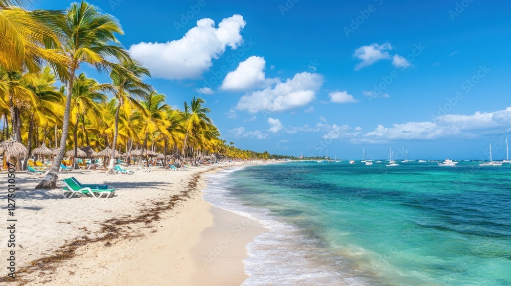 Idyllic Tropical Beach Scene With Palm Trees And Boats Idyllic Tropical Beach Scene With Palm Trees And Boats