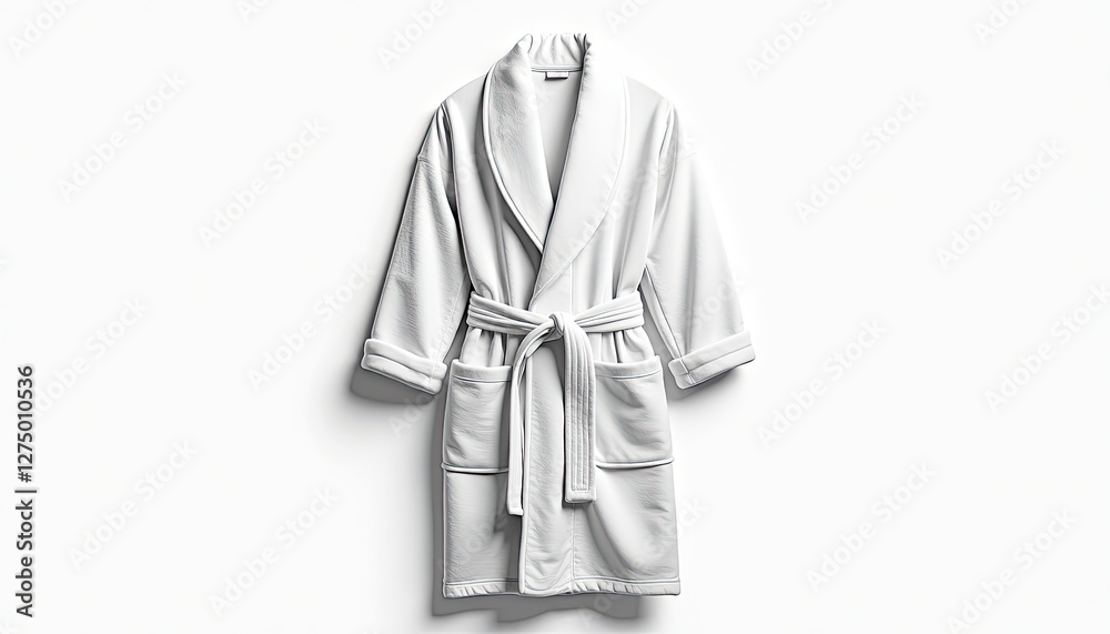 Luxurious White Terry Cloth Bathrobe with Shawl Collar and Tie Belt Against a Clean White Background. A white robe hanging on a white wall. Luxurious White Terry Cloth Bathrobe with Shawl Collar and Tie Belt Against a Clean White Background. A white robe hanging on a white wall.