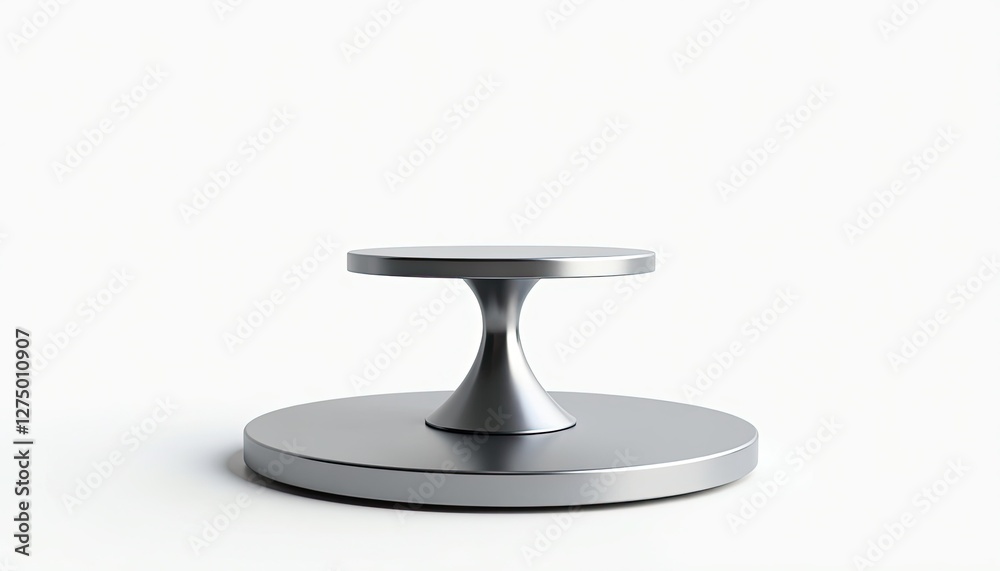 Sleek Silver Circular Stand on White Background: Modern and Sophisticated Design. A silver pedestal on a white background. Sleek Silver Circular Stand on White Background: Modern and Sophisticated Design. A silver pedestal on a white background.