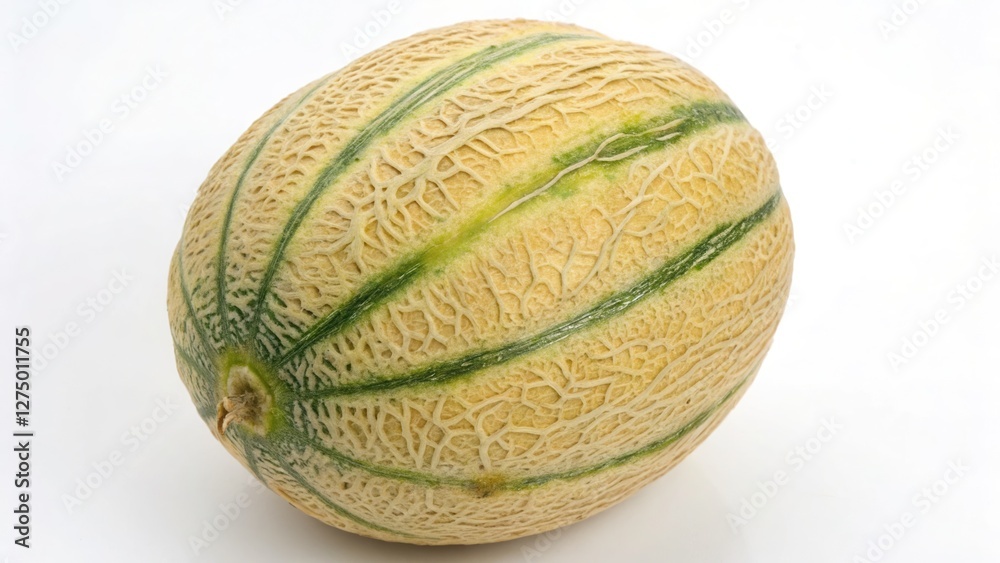 A whole cantaloupe melon with a textured rind, isolated on white background A whole cantaloupe melon with a textured rind, isolated on white background