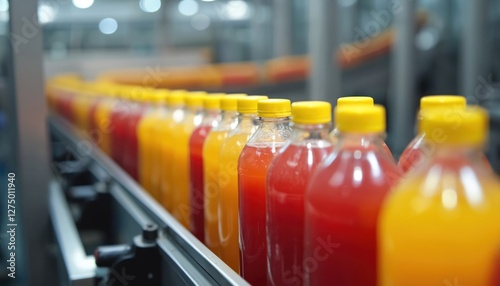 Automatic bottling line with plastic bottles filled juice. Red and yellow color beverages move along factory conveyor. Drink production in food industry. Juice manufacturing technology for business.