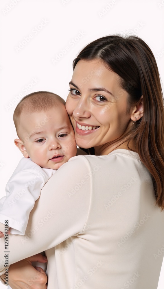 Cute mother holding toddler son in an isolated portrait on a plain background Cute mother holding toddler son in an isolated portrait on a plain background