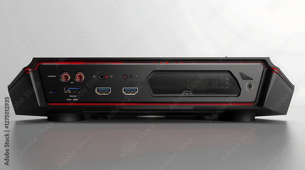 Fototapeta premium Rear view of a gaming desktop with high-speed USB and audio ports, offering multiple connection options for external gaming peripherals.