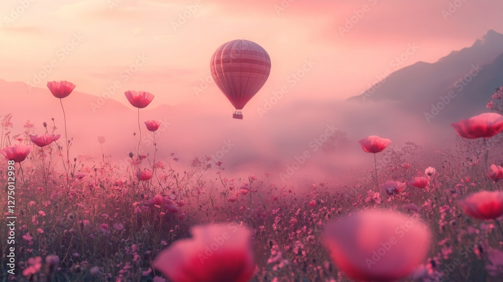 Obraz premium 5.Ethereal setting of pink fog rolling through a valley of enormous flowers, with giant poppies swaying gently in a faint breeze. A decorative hot air balloon drifts serenely in the distance,