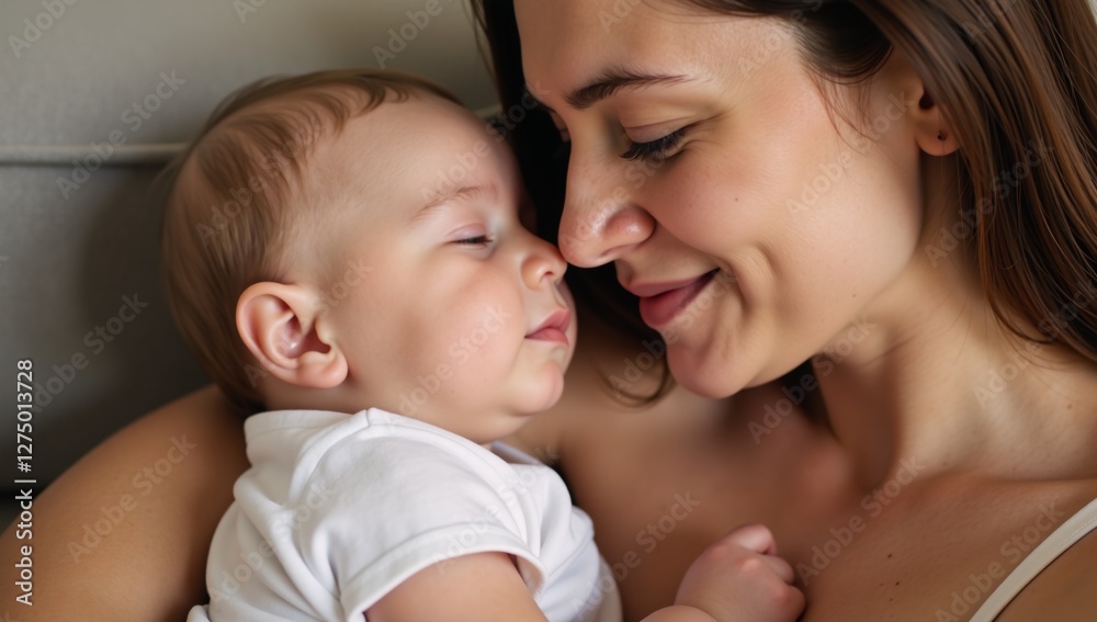 Mother cuddles sleeping infant at home Cute Intimate Family Mother cuddles sleeping infant at home Cute Intimate Family