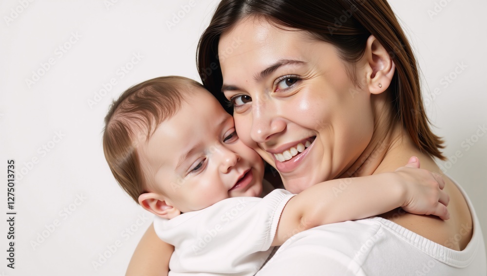 Cute mother holding toddler son in an isolated portrait on a plain background Cute mother holding toddler son in an isolated portrait on a plain background
