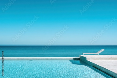 Modern poolside deck, ocean view, sunny day, relaxation