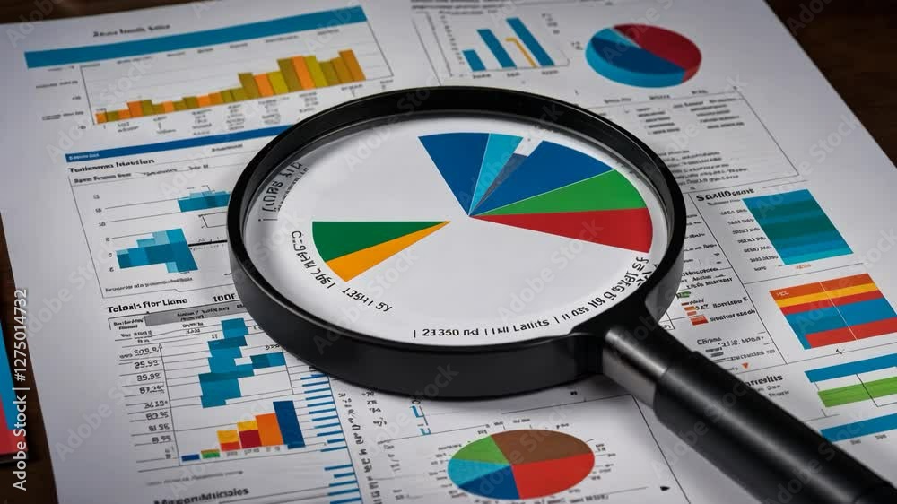 Video footage of magnifying glass focuses on a colorful pie chart, surrounded by various bar graphs and charts on a desk, highlighting data analysis and financial review