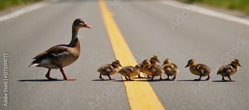 Mother duck leads seven baby ducks across sunlit road with yellow dividing line