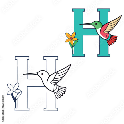 A coloring page featuring the letter "H" adorned with a graceful hummingbird hovering nearby, surrounded by delicate flowers and leaves, perfect for nature lovers and letter enthusiasts.