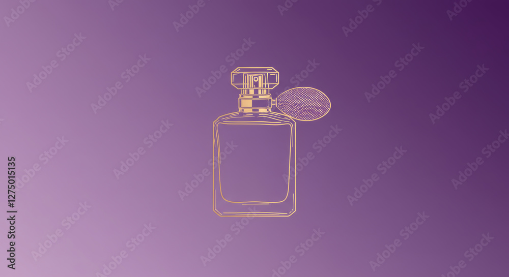 Perfume bottle with bulb atomizer outlined against purple background Perfume bottle with bulb atomizer outlined against purple background