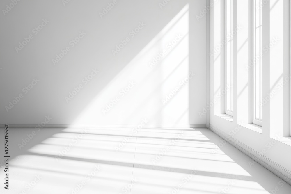 Fototapeta premium Sunlight streams through modern windows in a minimalist white room, ideal for design mockups