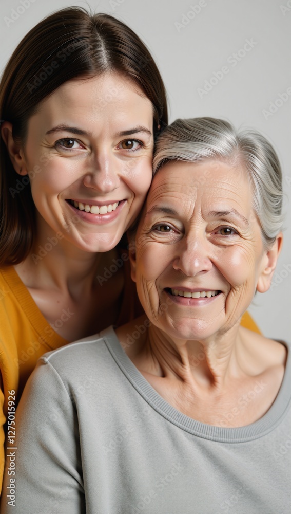 Middle-aged female figure comfortably holding elderly disabled mom