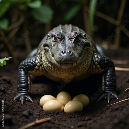 Mother croc protectively guards her clutch of eggs in a nest