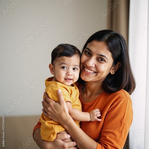 A heartwarming portrait showcases an Indian mother lovingly holding her infant capturing familial joy through soft light and warm tones