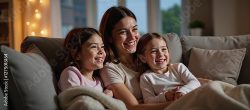 A heartwarming portrayal of a family enjoying a cosy movie night snuggled under blankets while spending quality time together