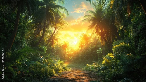 Tropical Jungle Path at Sunrise, Lush Vegetation, Sunlight, Peaceful Setting, Nature Scene