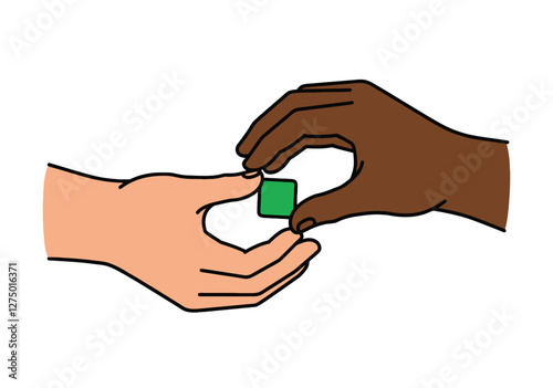 Hands holding clip art. Two hands, one light-skinned and one dark-skinned, holding a small green square. Vector illustration design.