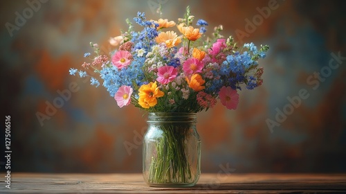 Colorful Wildflower Bouquet in Mason Jar, Rustic Background, Still Life, for Floral Design, Home Decor