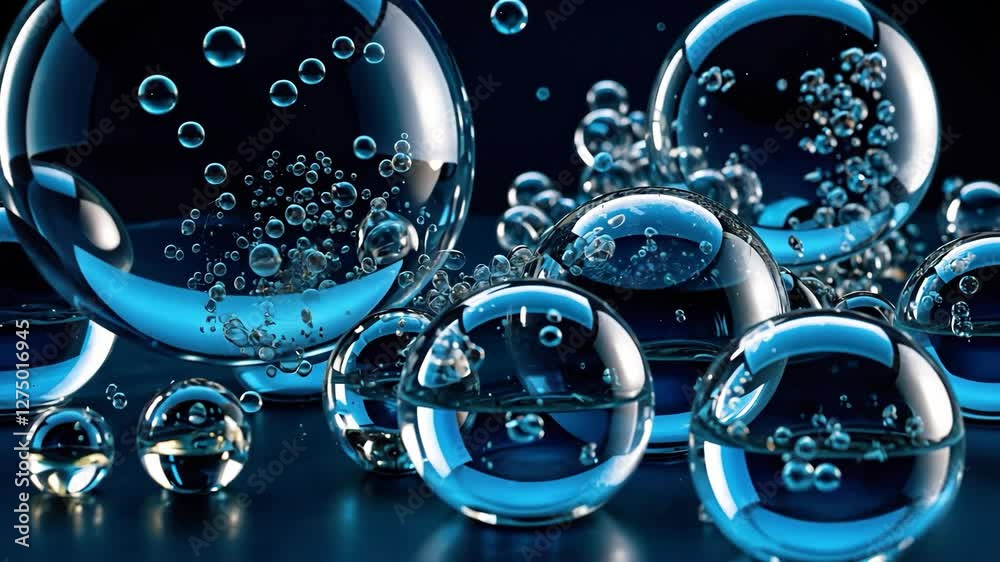 Video footage of Several transparent bubbles, varying in size with smaller bubbles inside, float against a dark background, reflecting light to create an intricate, captivating pattern
