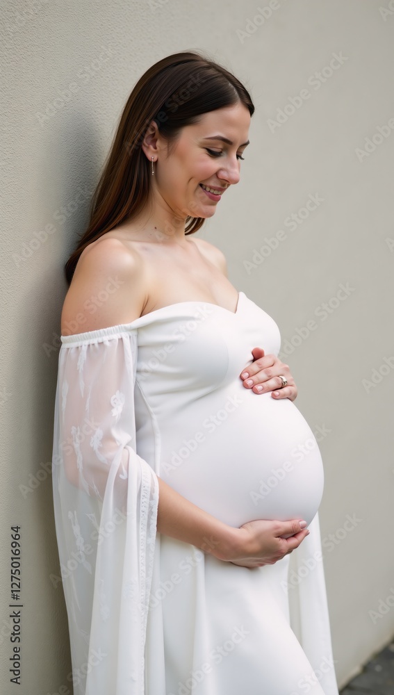 Pregnant woman smiling at baby bump against textured backdrop Pregnant woman smiling at baby bump against textured backdrop
