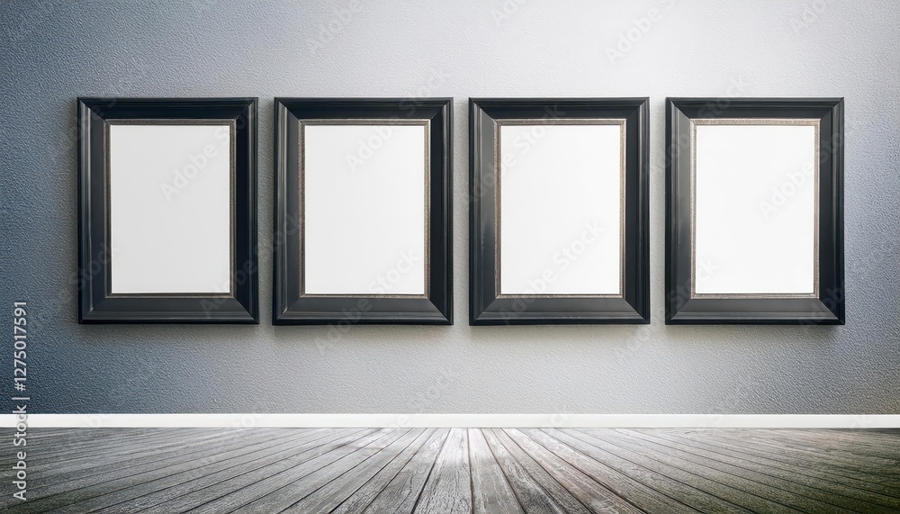 Black Gallery Frames Arrangement Four Impressive 3D Renders on a Minimalist Wall, Depicting Elegant and Modern Artistic Aesthetics with Subtle Textures and Shadows. Black Gallery Frames Arrangement Four Impressive 3D Renders on a Minimalist Wall, Depicting Elegant and Modern Artistic Aesthetics with Subtle Textures and Shadows.