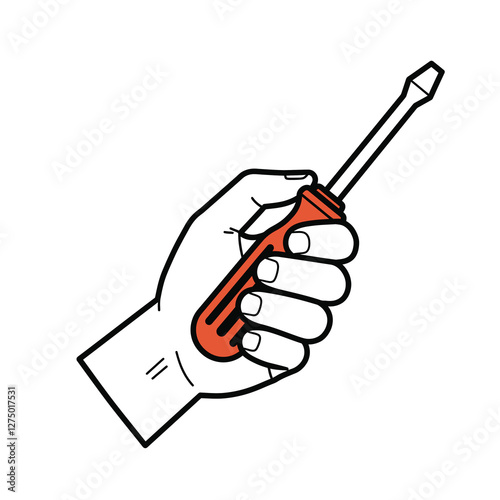 Screwdriver oh hand outline clipart. A hand holding a red-handled screwdriver. Vector illustration design.