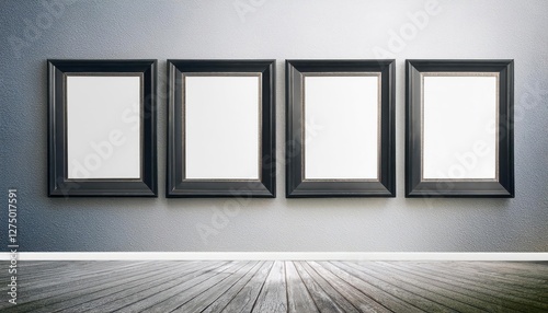 Black Gallery Frames Arrangement Four Impressive 3D Renders on a Minimalist Wall  Depicting Elegant and Modern Artistic Aesthetics with Subtle Textures and Shadows.