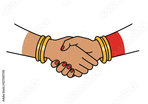 Wedding hands clipart. Two hands shaking, adorned with gold bangles and red nail polish. Vector illustration design.