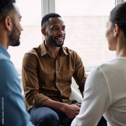 A middle-aged African American male seated and conversing with two engaged listeners dressed in black trousers and a brown shirt