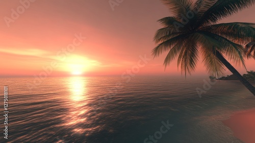 Tranquil Sunset Over Tropical Ocean Palm Trees