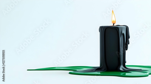 A black candle drips green wax on a white surface, creating a unique contrast. The flame flickers softly, adding warmth and ambiance.