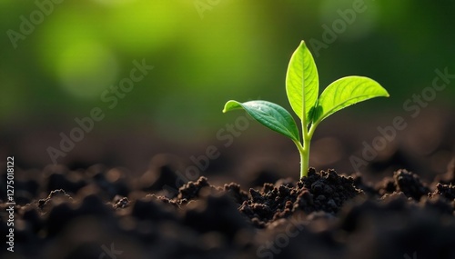 Healthy soybean seedling emerging from dark soil, sprout, greenery, agriculture