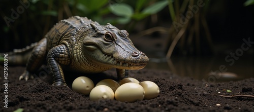 Mother croc protectively guards her clutch of eggs in a nest