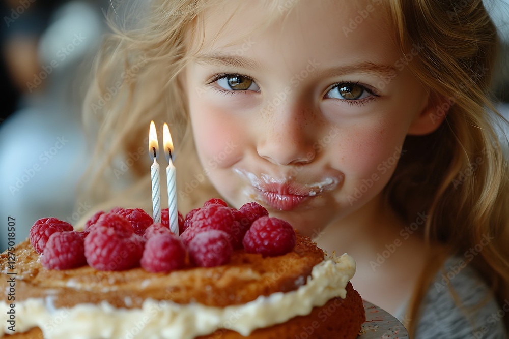 Girl's Birthday Cake Close-up, Happy Expression Girl's Birthday Cake Close-up, Happy Expression