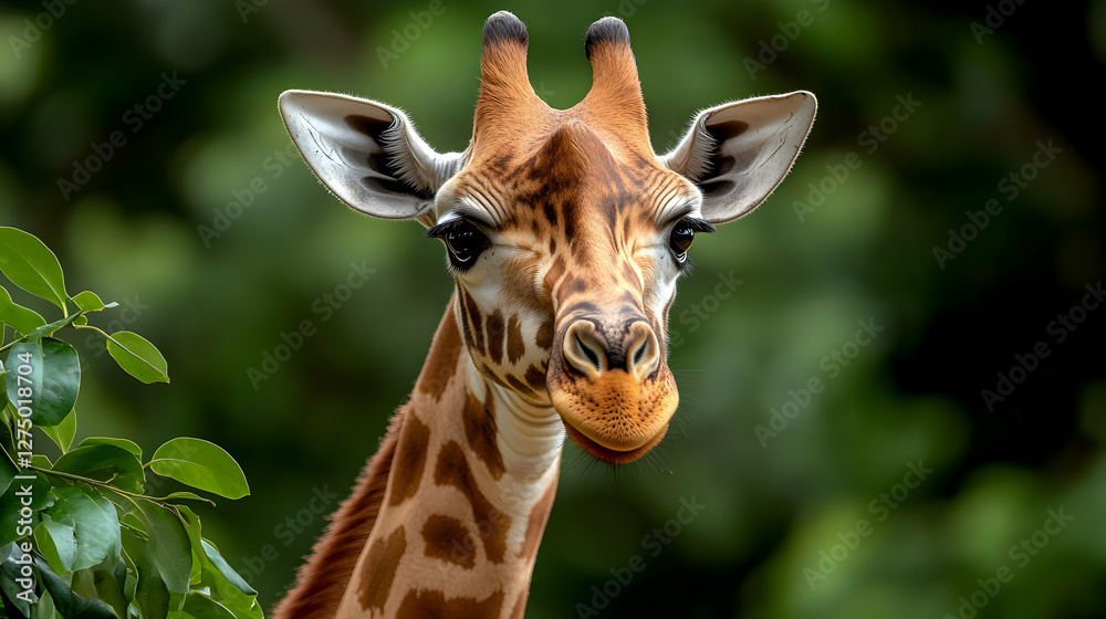 Obraz premium A close-up of a giraffe showcasing its unique features and beautiful patterns against a blurred green background.